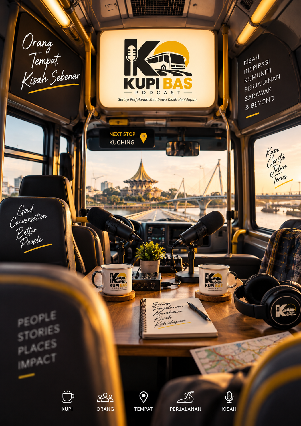 Konsep dalaman Kupi Bas Podcast